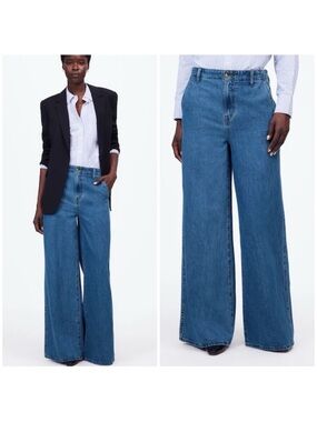Madewell Wide Sweep Denim Trousers in Rigid Java Wash 100% Cotton